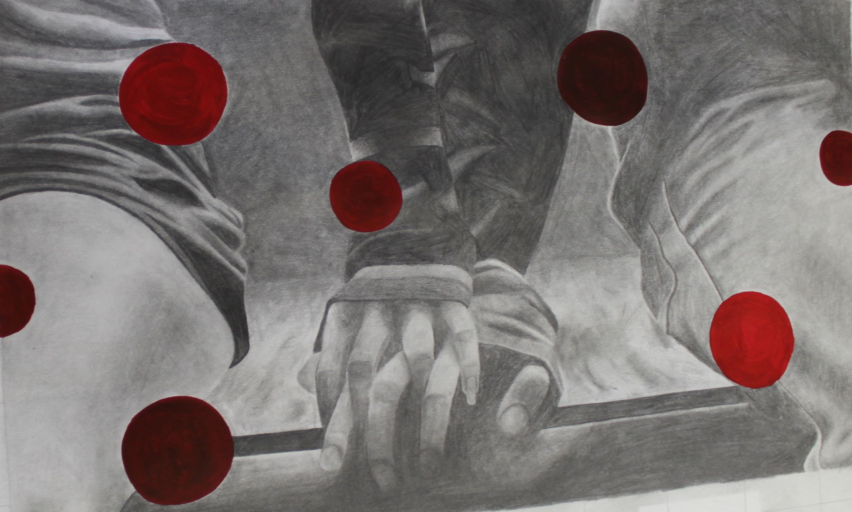 Black and white pencil drawing of two people holding hands, covered with metallic red dots