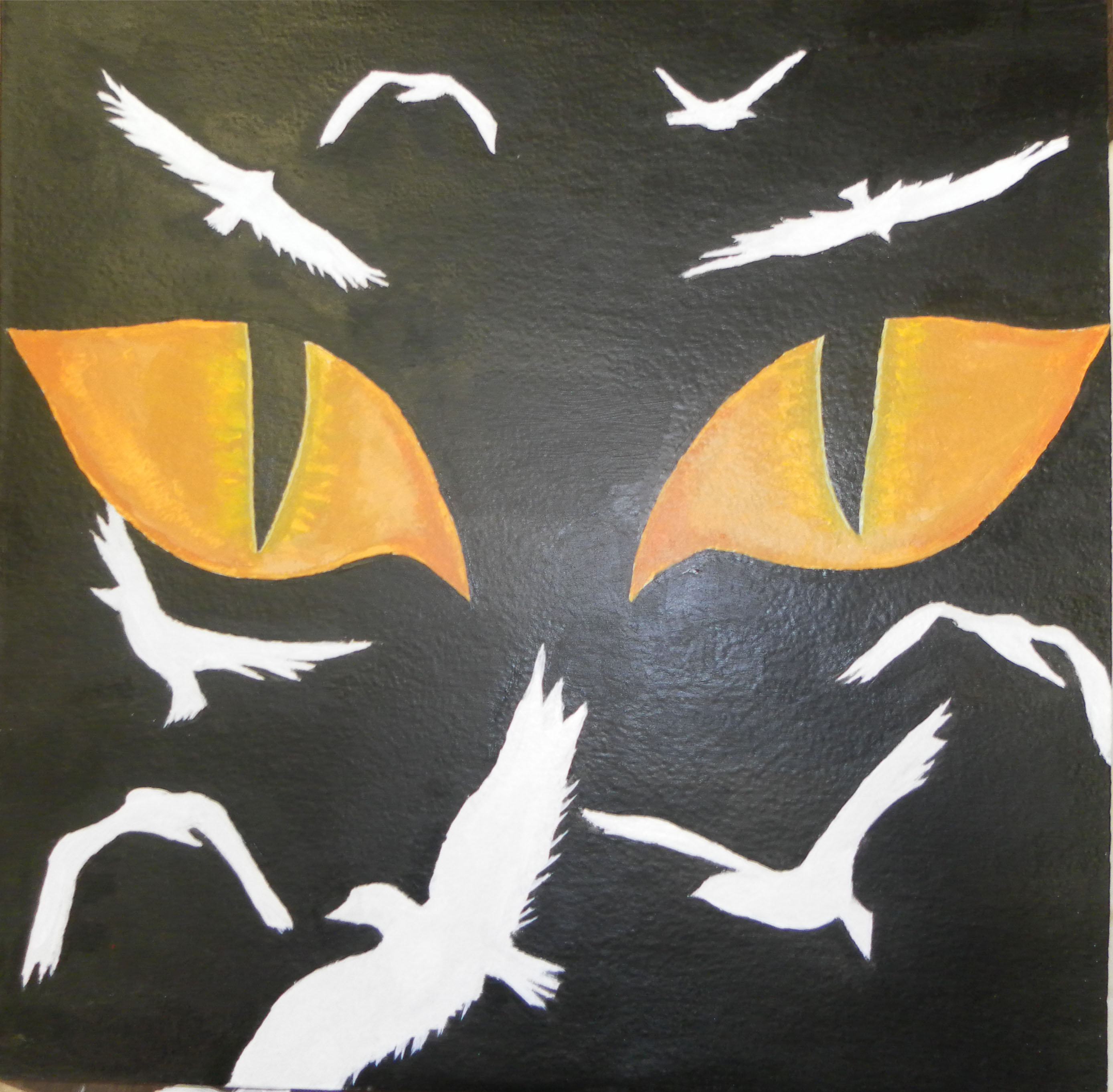 Students up-cycled art showing two bright allow eyes on black background surrounded by white birds