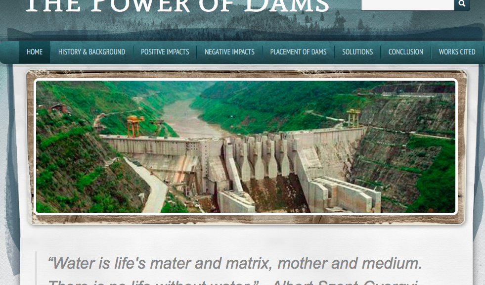 screenshot of the student website on "the power of dams"